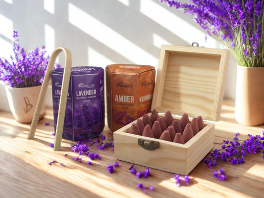 caja de madera y pinzas de bamboo con 16 unidades de conos de incienso de reflujo